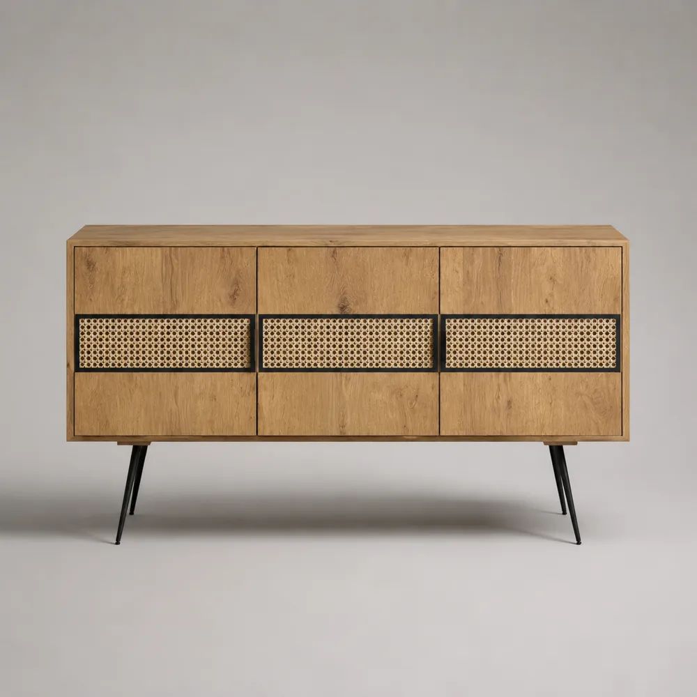 Rechteckiges Sideboard mit 3 Türen aus MDF mit Eichenfurnier und Rattangeflecht, Eiche Natur/Rattan Natur/Schwarz, 140 x 40 x 80 cm