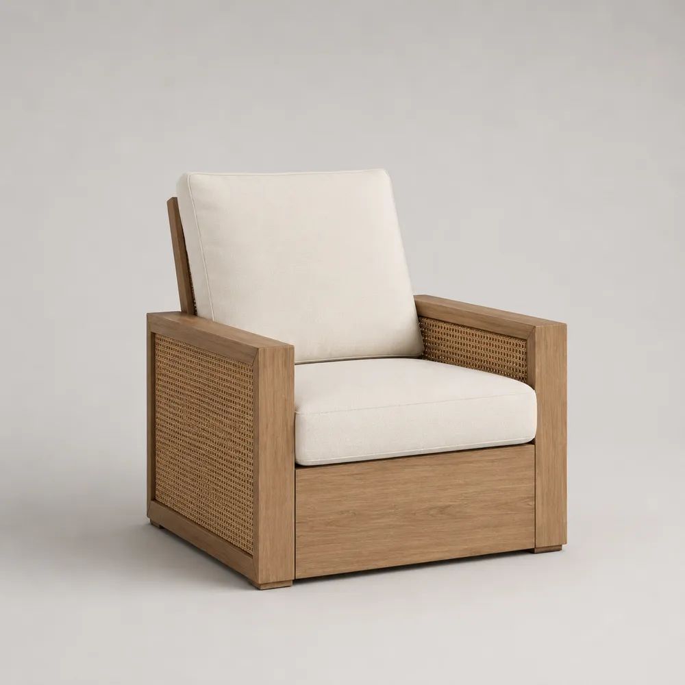 Gartensessel mit Armlehnen und Polsterauflagen aus Akazien-Massivholz und PE-Rattan, Natur/Creme, 76 × 84 × 84 cm