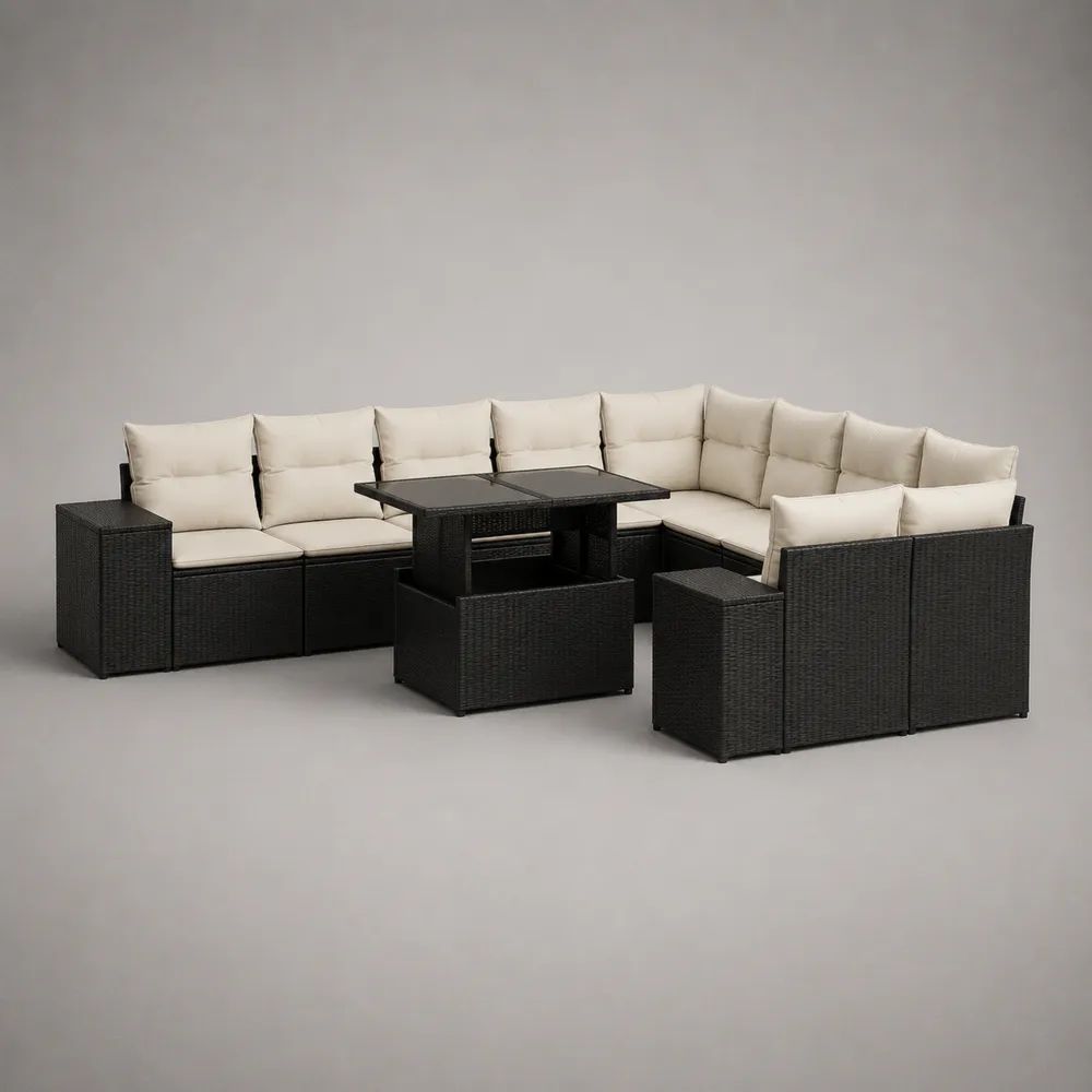 11-teiliges Gartenmöbel-Set aus PE-Rattan mit Ecksofa, 3 Hockern und Esstisch, Schwarz/Creme, 260 x 200 x 74 cm
