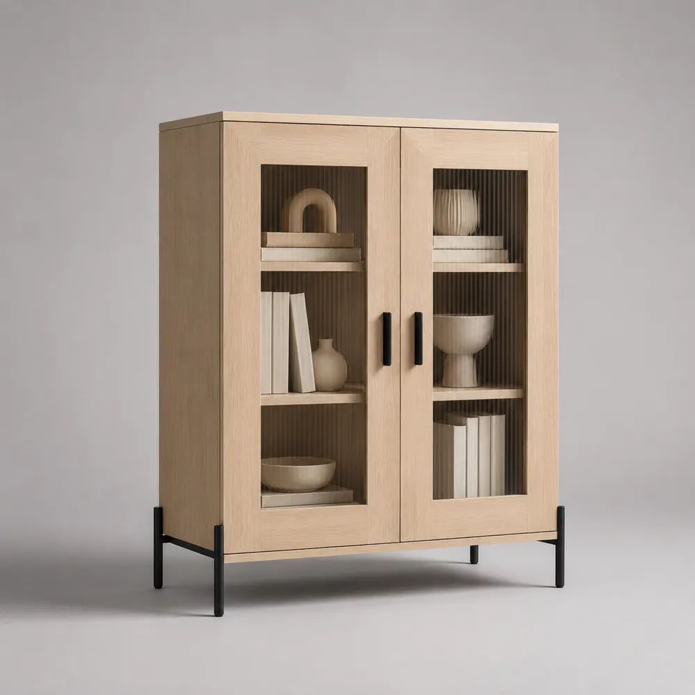 Vitrinenschrank mit 2 Glastüren aus MDF, Eichenfurnier, Riffelglas und Stahl, Natur/Schwarz/Dunkelbraun, 90 × 40 × 120 cm