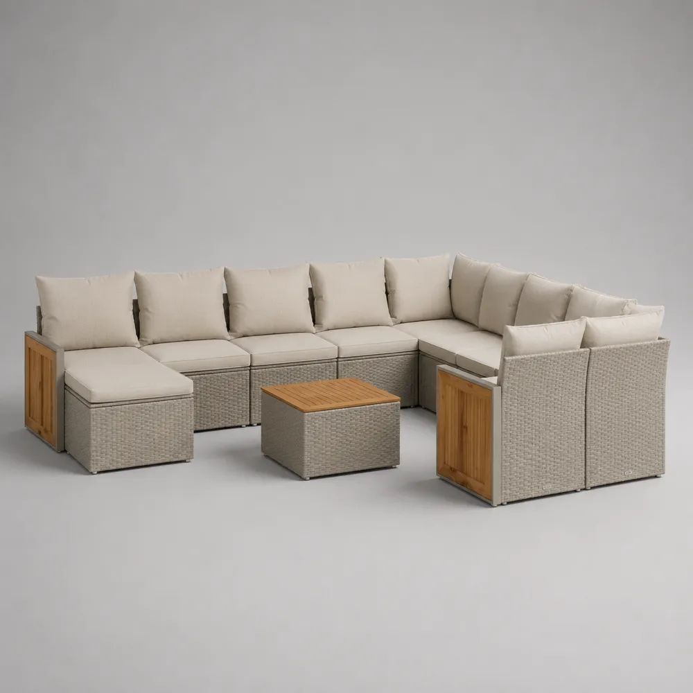 9-teiliges Gartensofa-Set aus PE-Rattan, Metall und Holz mit Polstern und Tisch, U-Form, Beige/Hellbraun/Natur, ca. 330 x 250 x 68 cm