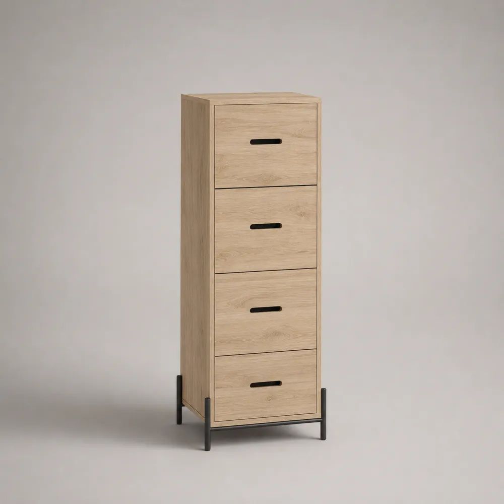 Schubladenkommode mit 4 Schubladen aus melaminbeschichteter Spanplatte und Stahl, Eichefarben/Schwarz, 45 × 40 × 130 cm