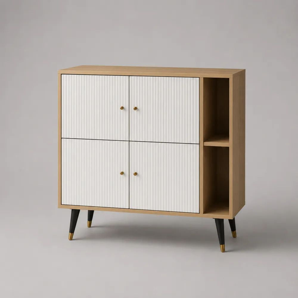 Sideboard mit 4 Türen und 2 offenen Fächern aus MDF und Spanplatte, Eichefarben/Weiß/Schwarz/Messingfarben, 120 × 40 × 110 cm