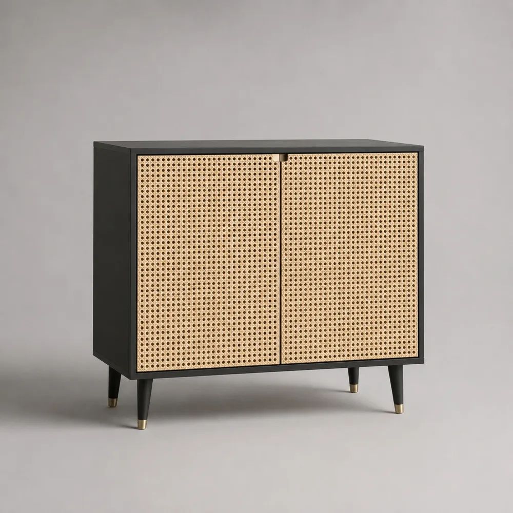 Sideboard mit 2 Türen aus MDF und Rattangeflecht, Schwarz/Natur/Messingfarben, 90 x 40 x 85 cm