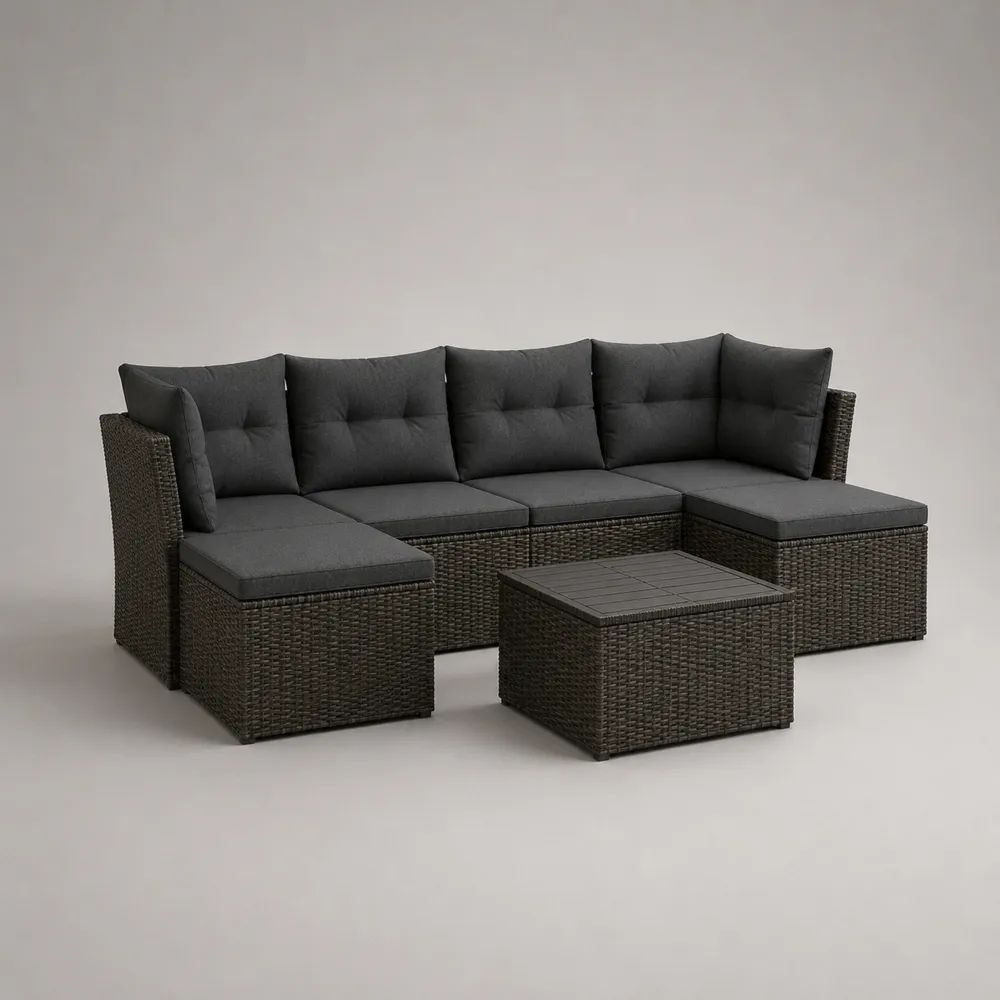 6-teiliges U-förmiges Gartenlounge-Set aus PE-Polyrattan mit Polsterauflagen, Braun/Anthrazit, 242 x 168 x 74 cm