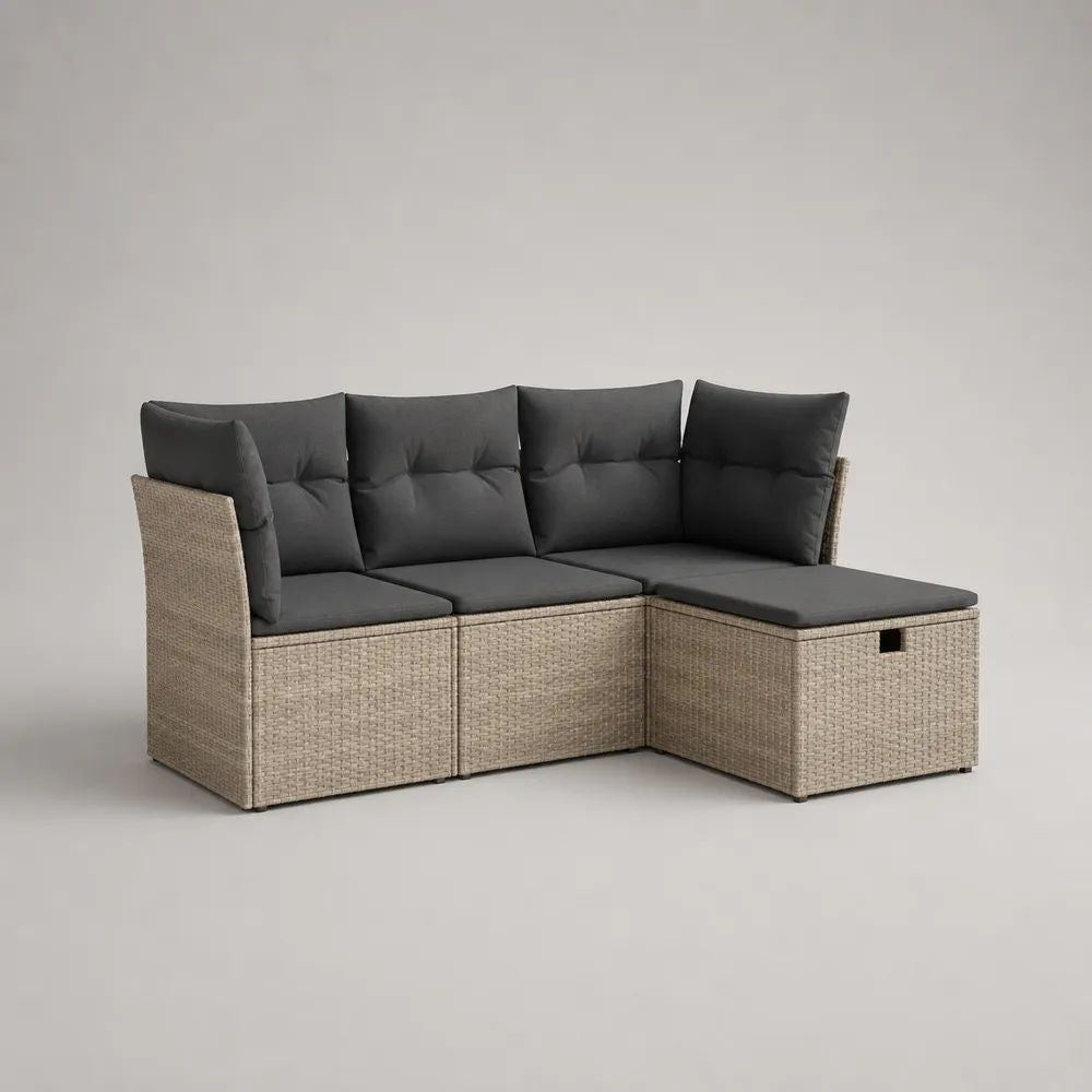 3-teiliges Gartensofa, 3-Sitzer aus PE-Rattan mit Stahlgestell und Stauraum, L-Form rechts, Taupe/Anthrazit, 198 × 139 × 74 cm
