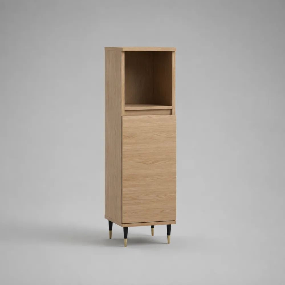 Bad-Hochschrank aus Holz mit Tür und offenem Fach, Natur/Schwarz/Messingfarben, 45 × 35 × 160 cm