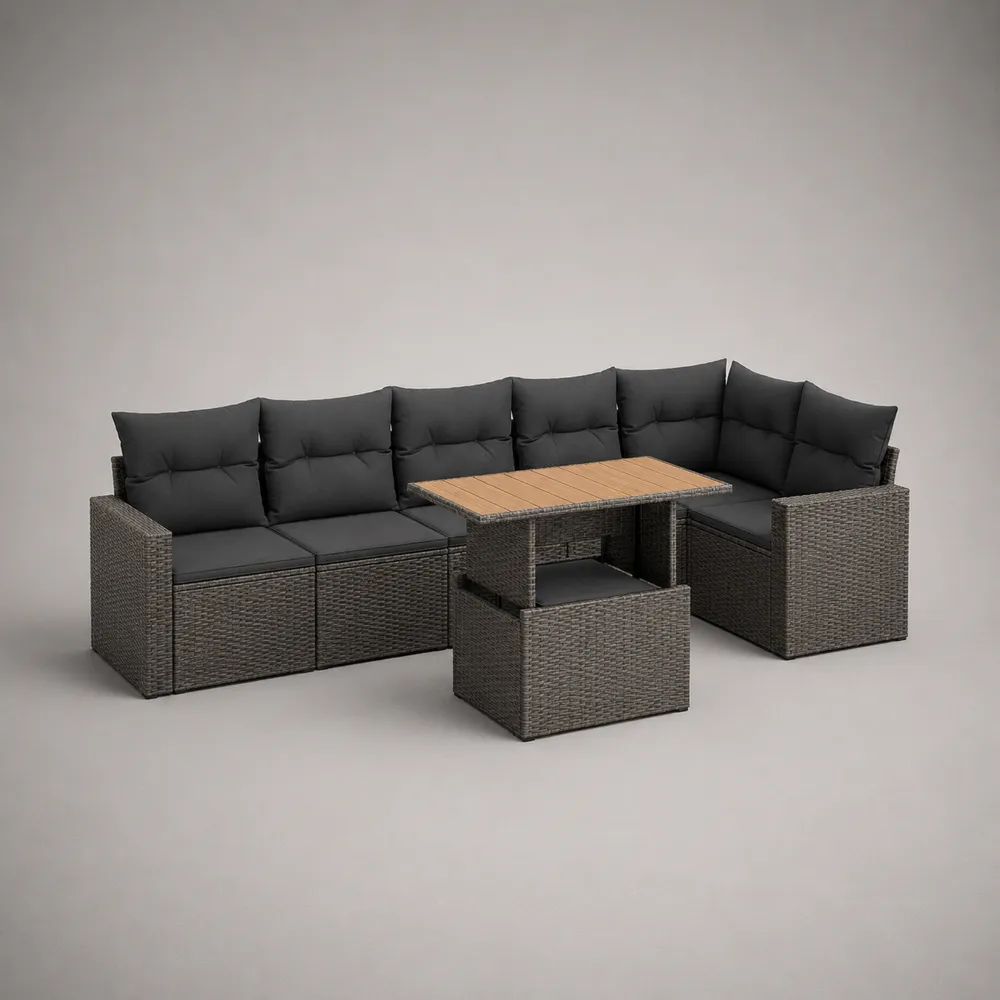 3-teilige Garten-Sitzgruppe mit 6-Sitzer-Ecksofa, Tisch und Hocker aus PE-Polyrattan, Stahl, Holz und Stoff, Anthrazit/Dunkelgrau/Braun, 249 x 180 x 73 cm
