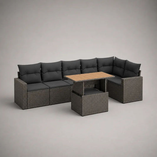 3-teilige Garten-Sitzgruppe mit 6-Sitzer-Ecksofa, Tisch und Hocker aus PE-Polyrattan, Stahl, Holz und Stoff, Anthrazit/Dunkelgrau/Braun, 249 x 180 x 73 cm