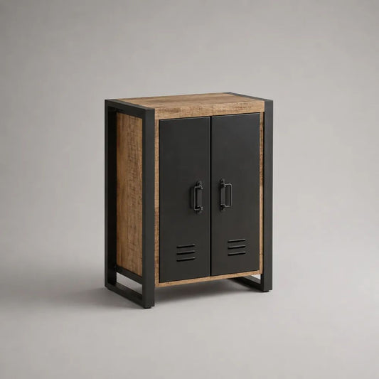 Rechteckiges Sideboard aus massivem Mangoholz und Stahl mit 2 Türen, Schwarz/Naturbraun, 80 × 40 × 100 cm