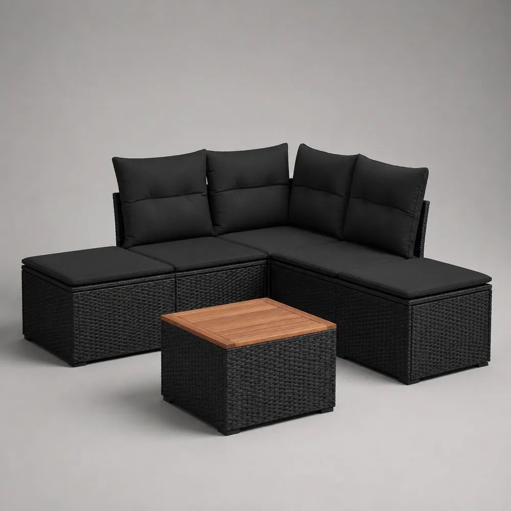 6-teiliges Gartenlounge-Set aus PE-Rattan, Stahl und Holz, Ecksofa mit 2 Hockern und Tisch, Schwarz/Naturbraun, 204 × 204 × 72 cm