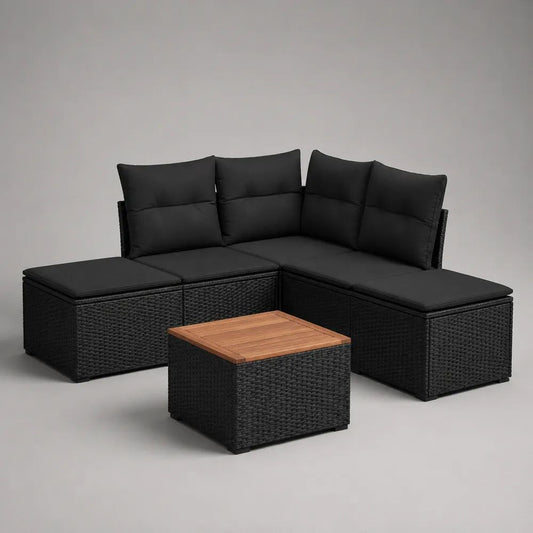 6-teiliges Gartenlounge-Set aus PE-Rattan, Stahl und Holz, Ecksofa mit 2 Hockern und Tisch, Schwarz/Naturbraun, 204 × 204 × 72 cm