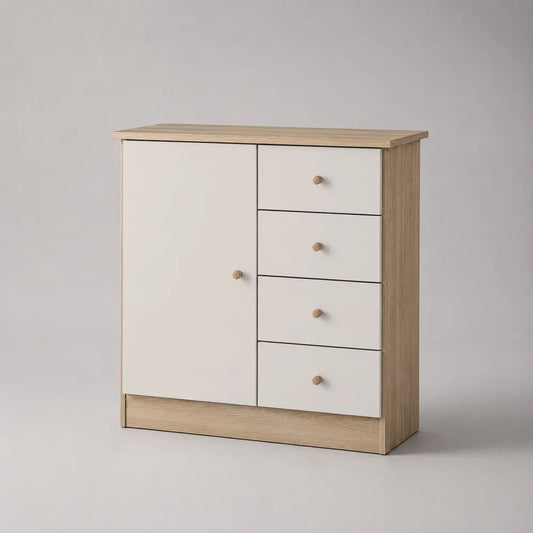 Sideboard aus Holzwerkstoff mit 1 Tür und 4 Schubladen, Weiß/Eichefarben, 80 × 35 × 85 cm
