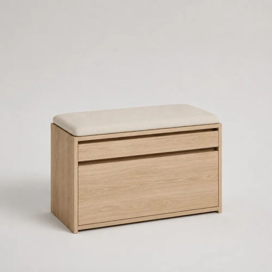 Schuhschrank mit Sitzbank und Sitzkissen, MDF mit Eichenfurnier, Eiche natur/Cremeweiß, 80 × 35 × 52 cm