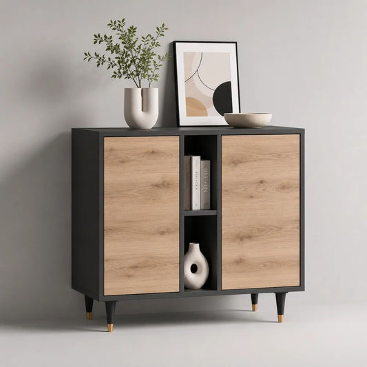 Sideboard Kommode aus Holzwerkstoff mit 2 Türen und 2 offenen Fächern, Schwarz/Eiche natur/Messingfarben, 100 × 35 × 90 cm
