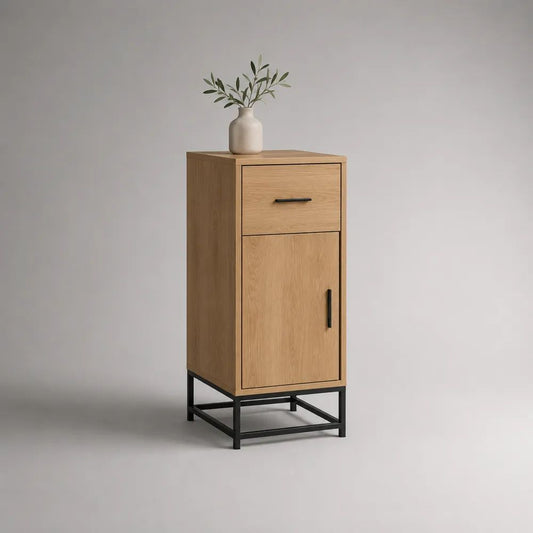 Highboard mit Schublade und Tür aus MDF mit Eichenfurnier und Stahl, Eiche Natur/Schwarz, 45 × 40 × 105 cm
