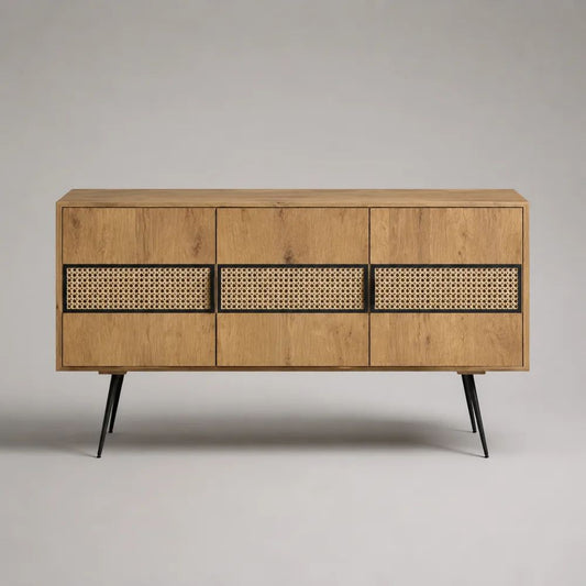 Rechteckiges Sideboard mit 3 Türen aus MDF mit Eichenfurnier und Rattangeflecht, Eiche Natur/Rattan Natur/Schwarz, 140 x 40 x 80 cm