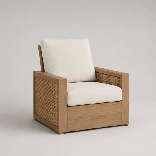 Gartensessel mit Armlehnen und Polsterauflagen aus Akazien-Massivholz und PE-Rattan, Natur/Creme, 76 × 84 × 84 cm