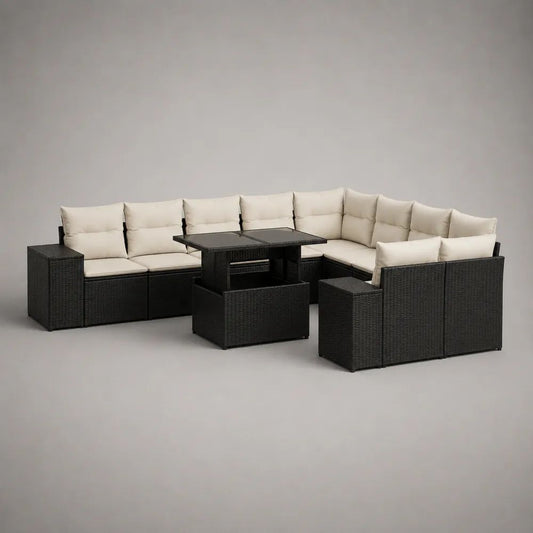 11-teiliges Gartenmöbel-Set aus PE-Rattan mit Ecksofa, 3 Hockern und Esstisch, Schwarz/Creme, 260 x 200 x 74 cm