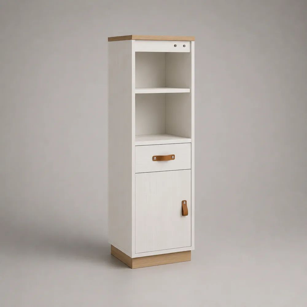 Hochschrank aus Spanplatte mit 2 offenen Fächern, Schublade und Tür, Weiß/Natureiche/Braun, 40 × 35 × 140 cm