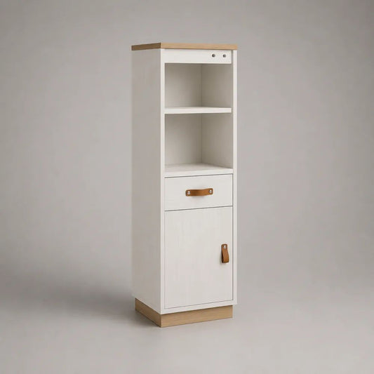 Hochschrank aus Spanplatte mit 2 offenen Fächern, Schublade und Tür, Weiß/Natureiche/Braun, 40 × 35 × 140 cm
