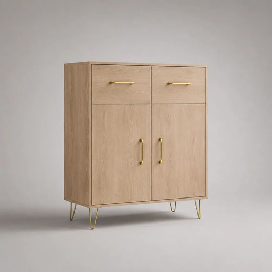 Highboard aus Spanplatte mit Eichedekor, 2 Türen, 2 Schubladen und messingfarbenem Stahlgestell, 90 × 40 × 120 cm