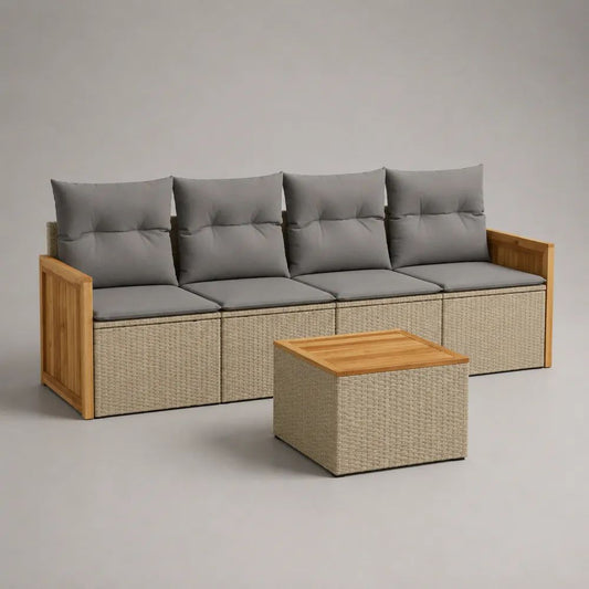 Gartensofa-Set 2-teilig, 4-Sitzer aus PE-Rattan, Metall und Akazienholz, Grau/Beige/Naturbraun, Sofa 240 × 70 × 85 cm, Tisch 65 × 65 × 45 cm