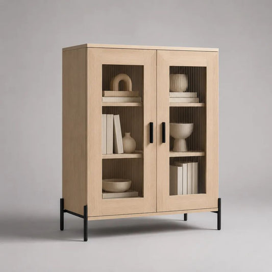 Vitrinenschrank mit 2 Glastüren aus MDF, Eichenfurnier, Riffelglas und Stahl, Natur/Schwarz/Dunkelbraun, 90 × 40 × 120 cm