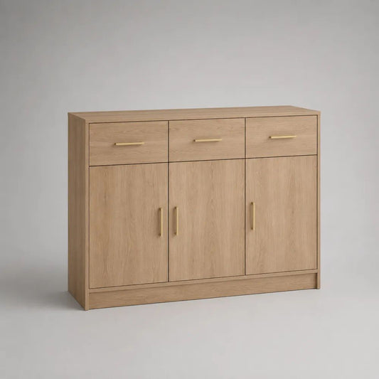 Sideboard aus Holz mit 3 Türen und 3 Schubladen, Eiche Natur, 120 × 35 × 90 cm