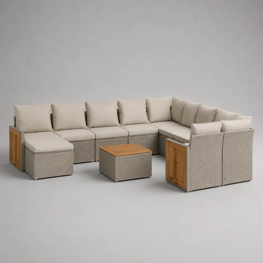 9-teiliges Gartensofa-Set aus PE-Rattan, Metall und Holz mit Polstern und Tisch, U-Form, Beige/Hellbraun/Natur, ca. 330 x 250 x 68 cm