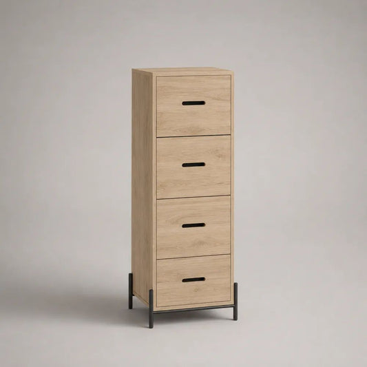 Schubladenkommode mit 4 Schubladen aus melaminbeschichteter Spanplatte und Stahl, Eichefarben/Schwarz, 45 × 40 × 130 cm