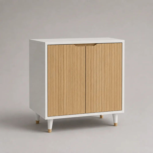 Rechteckiges Sideboard mit 2 Türen aus MDF und Spanplatte, Weiß/Eichefarben, 80 × 35 × 80 cm