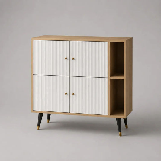 Sideboard mit 4 Türen und 2 offenen Fächern aus MDF und Spanplatte, Eichefarben/Weiß/Schwarz/Messingfarben, 120 × 40 × 110 cm