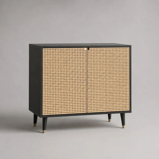 Sideboard mit 2 Türen aus MDF und Rattangeflecht, Schwarz/Natur/Messingfarben, 90 x 40 x 85 cm