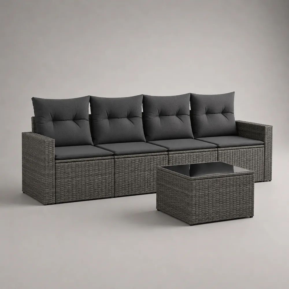 5-teiliges Gartensofa-Set aus PE-Rattan mit 4 Sitzplätzen und Glastisch, Grau/Dunkelgrau/Schwarz, Sofa 234 × 65 × 74 cm, Tisch 65 × 65 × 35 cm