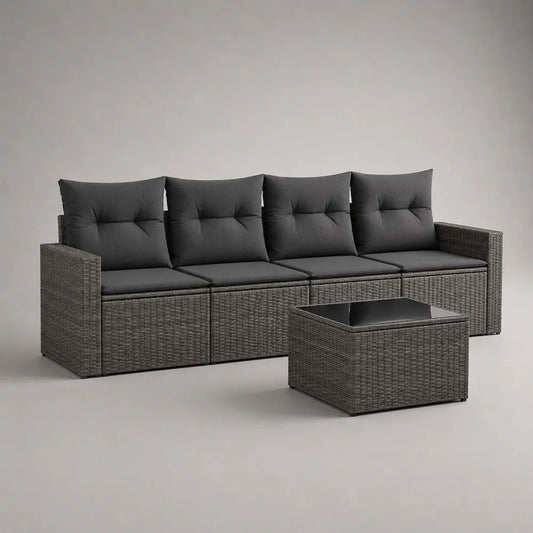 5-teiliges Gartensofa-Set aus PE-Rattan mit 4 Sitzplätzen und Glastisch, Grau/Dunkelgrau/Schwarz, Sofa 234 × 65 × 74 cm, Tisch 65 × 65 × 35 cm
