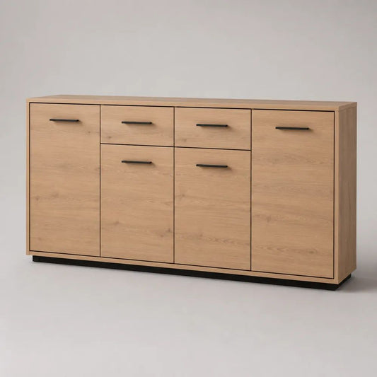 Sideboard aus Holzwerkstoff mit 4 Türen und 2 Schubladen, Eichefarben/Schwarz, 180 × 40 × 85 cm