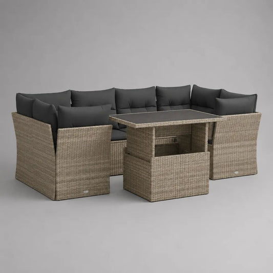 Gartenmöbel-Lounge-Set 5-teilig aus PE-Rattan mit Ecksofa, Tisch, 2 Sesseln und Hocker, Beige/Anthrazit, 235 × 235 × 73 cm