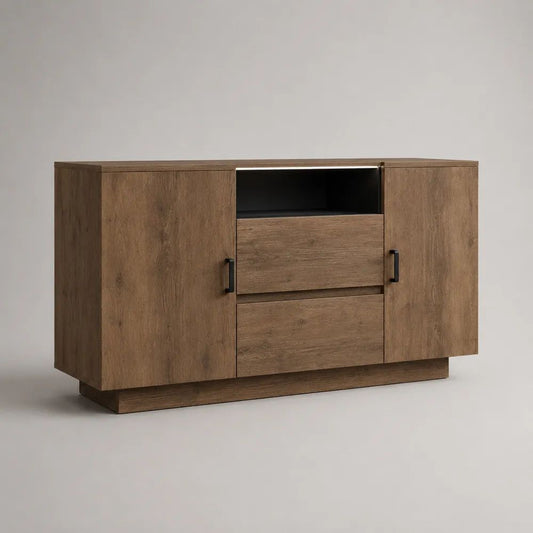 Sideboard-Kommode aus Spanplatte mit Eiche-Dekorfolie und Metallgriffen, Braun/Schwarz, 160 × 40 × 85 cm