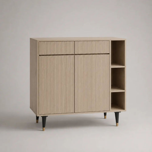 Sideboard aus MDF und Stahl mit 2 Türen, 2 Schubladen und 3 offenen Fächern, Beige/Schwarz/Messingfarben, 120 x 40 x 110 cm