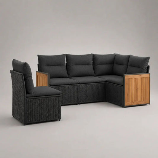Gartensofa, 5-teiliges modulares Ecksofa-Set aus PE-Rattan, Stahl und Akazien-Massivholz, Anthrazit/Naturbraun, 250 × 190 × 74 cm