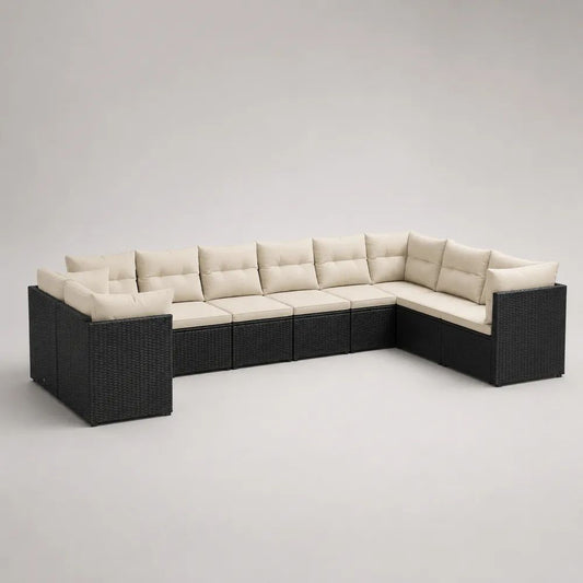 7-teiliges L-förmiges Garten-Ecksofa aus PE-Rattan mit Polyesterkissen, Schwarz/Creme, 280 × 210 × 65 cm
