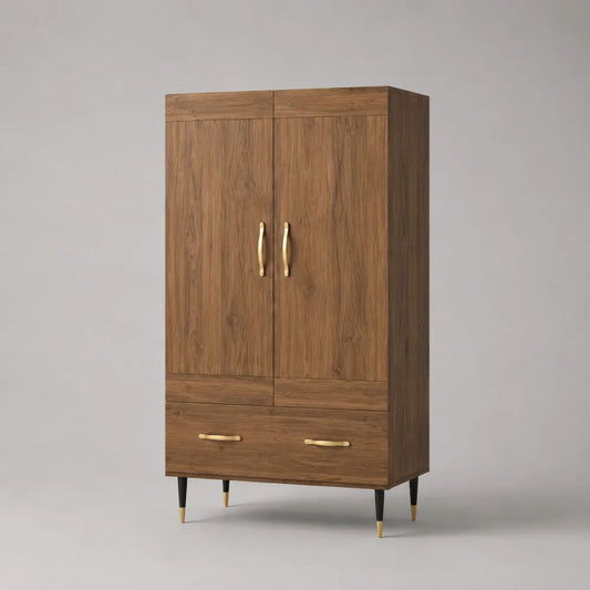 Highboard aus MDF und Spanplatte mit 2 Türen und 1 Schublade, Walnussbraun/Schwarz/Messingfarben, 100 × 45 × 180 cm