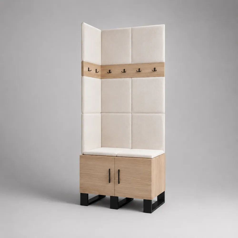 Garderobenschrank mit gepolsterter Sitzbank, 2 Türen und 6 Haken, Eiche Natur/Cremeweiß/Schwarz, 80 × 40 × 220 cm