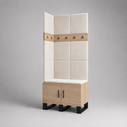 Garderobenschrank mit gepolsterter Sitzbank, 2 Türen und 6 Haken, Eiche Natur/Cremeweiß/Schwarz, 80 × 40 × 220 cm