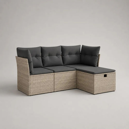 3-teiliges Gartensofa, 3-Sitzer aus PE-Rattan mit Stahlgestell und Stauraum, L-Form rechts, Taupe/Anthrazit, 198 × 139 × 74 cm