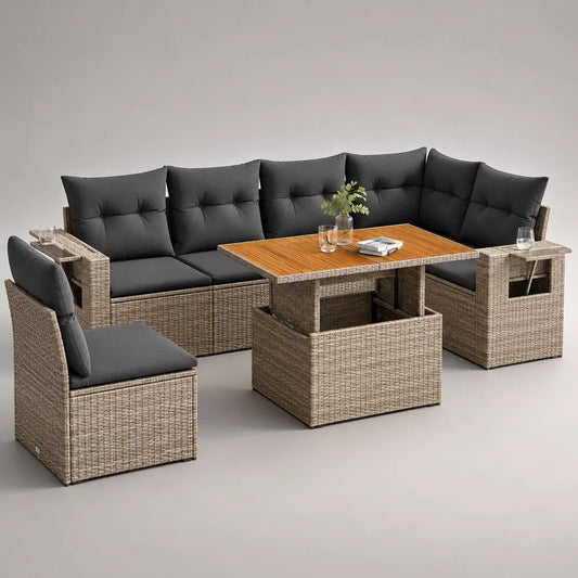 5-teiliges Gartenmöbel-Set aus PE-Rattan mit 6 Sitzplätzen, L-Form, Beige/Anthrazit/Braun, 245 × 190 × 74 cm