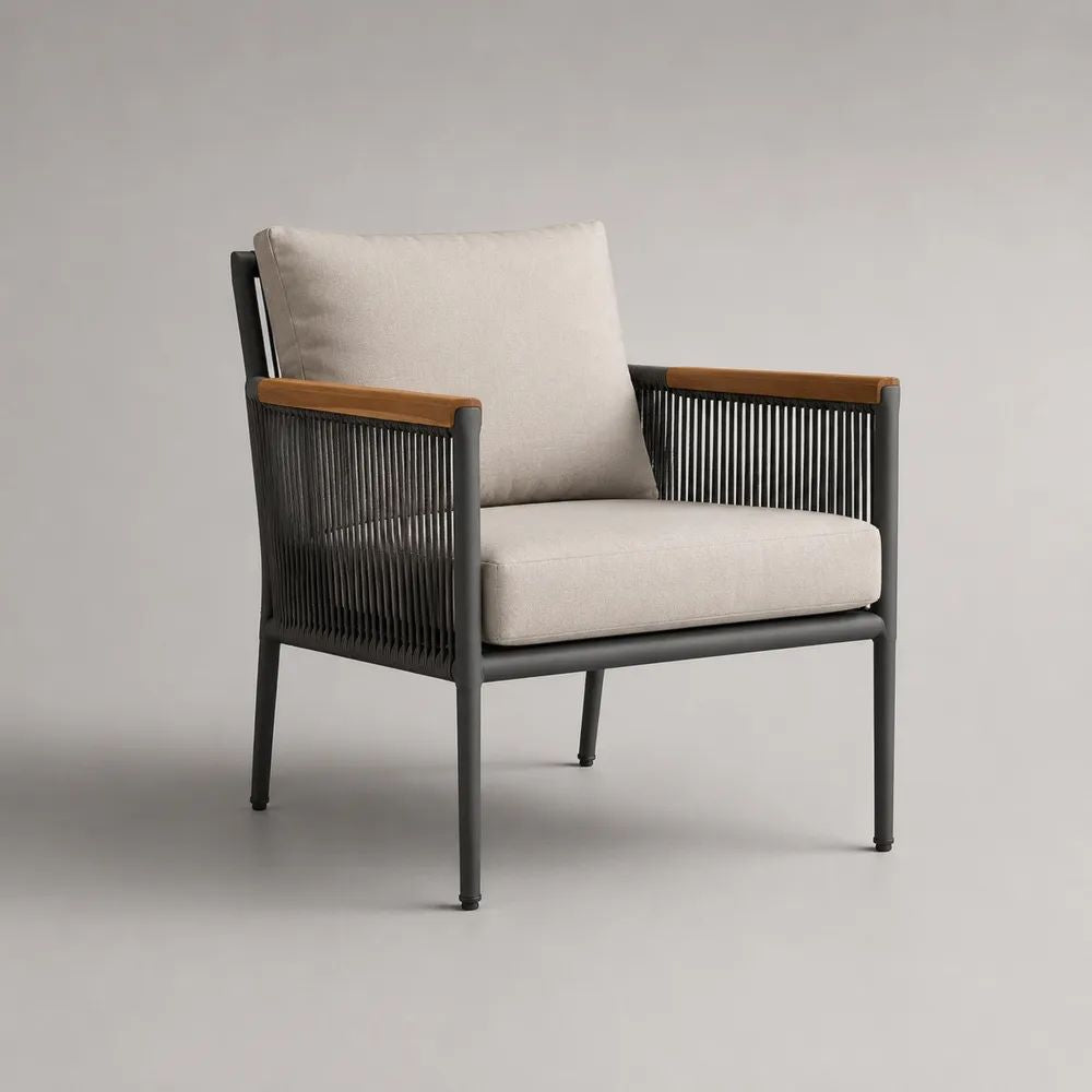 Gartensessel für den Außenbereich aus Aluminium, PE-Seilgeflecht und Akazienholz mit Sitz- und Rückenkissen, Anthrazit/Braun/Beige, 71 × 76 × 85 cm