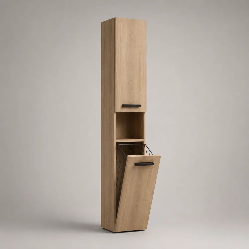 Badezimmer-Hochschrank mit Wäschekorb aus melaminbeschichteter Spanplatte, Eiche hell/Schwarz, 35 × 30 × 180 cm