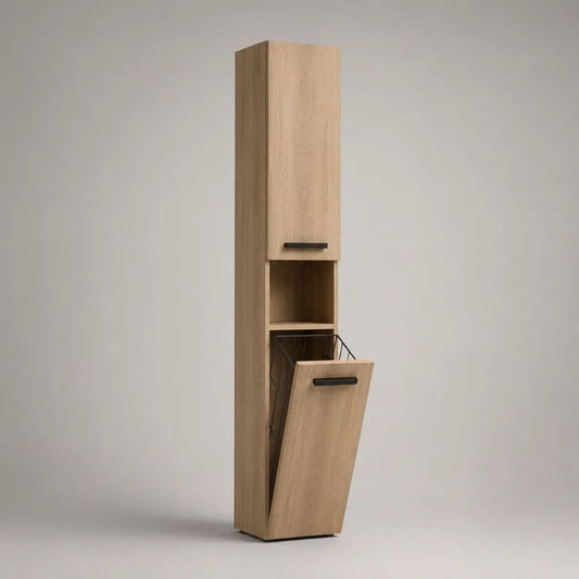 Badezimmer-Hochschrank mit Wäschekorb aus melaminbeschichteter Spanplatte, Eiche hell/Schwarz, 35 × 30 × 180 cm
